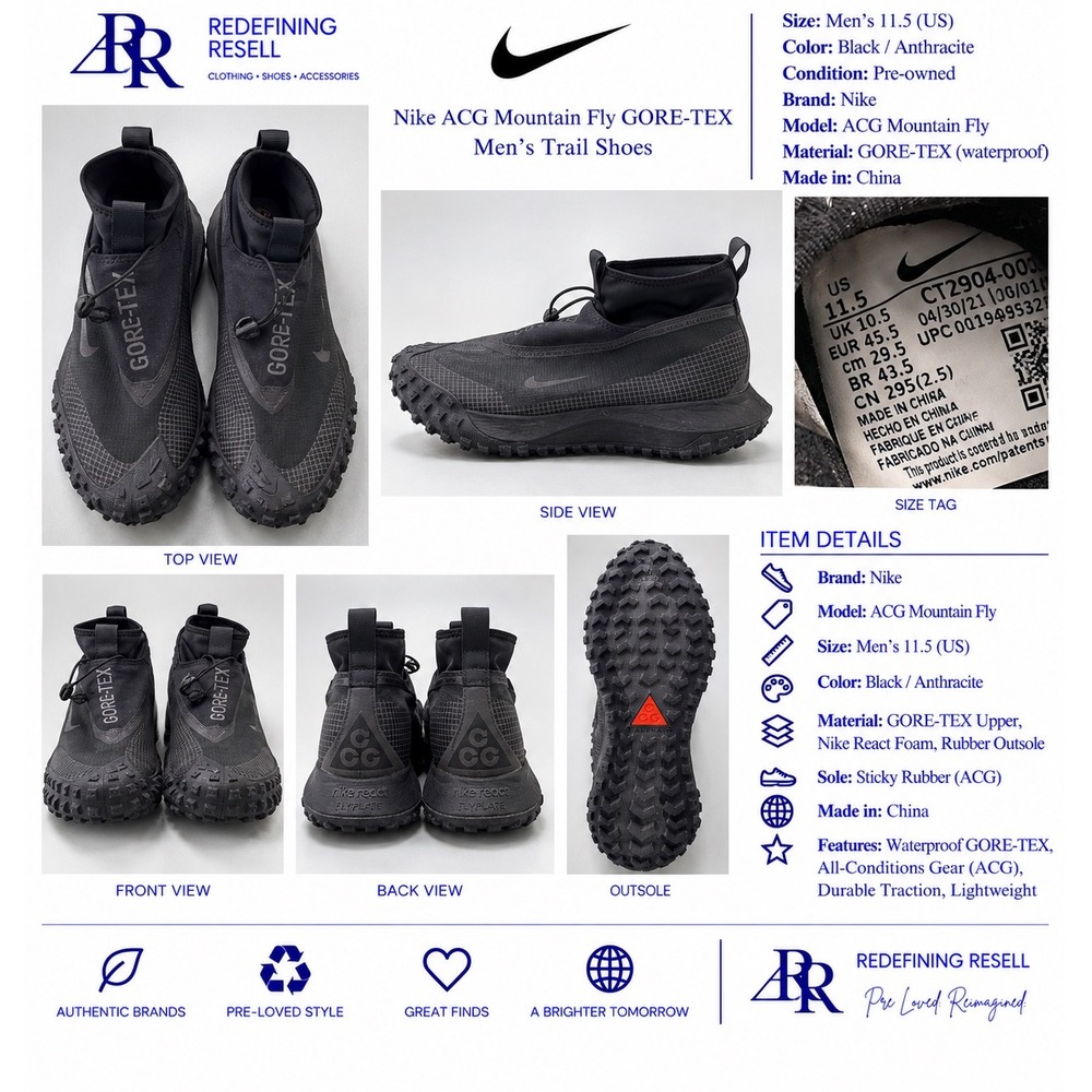 Nike ACG Mountain Fly GORE-TEX Black Anthracite CT2904-001 Mens 11.5 Trail Shoes